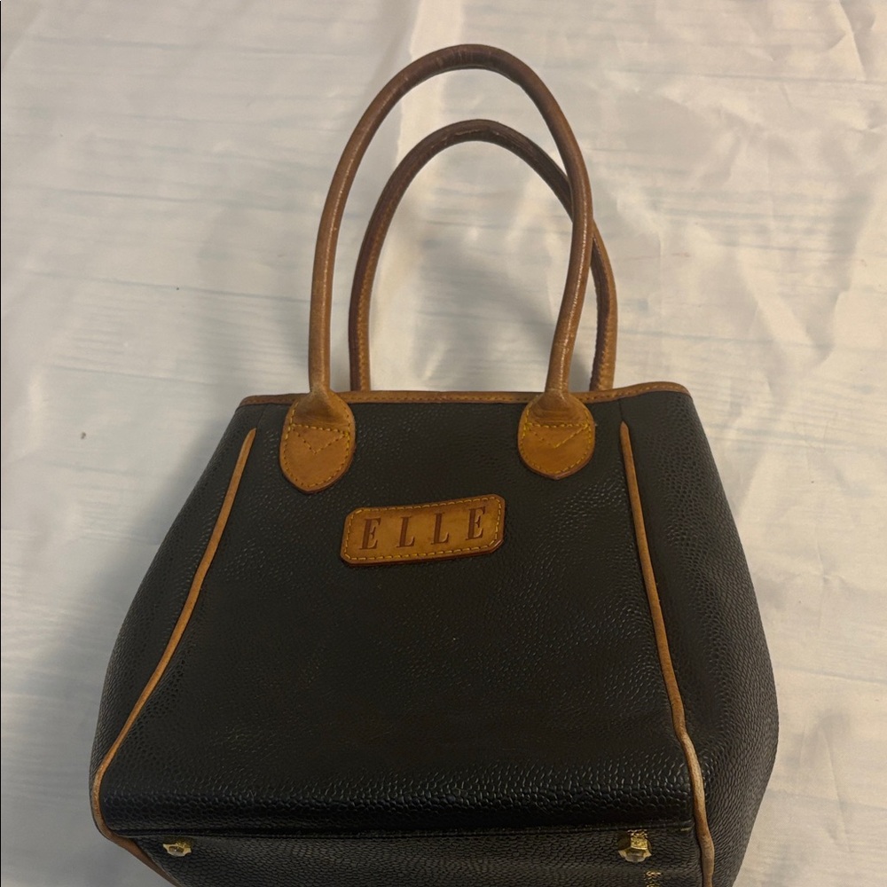 ELLE Black and Brown Leather Tote with Contrast Trim
